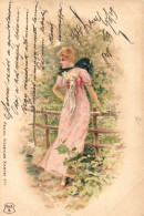 T2 1899 Lady Standing By The Fence, S.u.S.B. Franz. Künstler Karten No. 1, Litho (EK) - Ohne Zuordnung