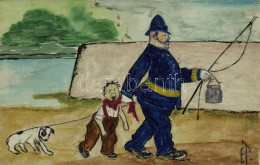 T3/T4 Hand-painted Postcard, Gendarme With Boy, Humour S: E.T. (wet Damage) - Non Classificati