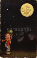 T2/T3 1930 Olasz Művészlap, Kisfiú és Hold Este / Italian Art Postcard, Boy And The Moon At Night. G.A.M. 1903-2. S: Col - Non Classificati