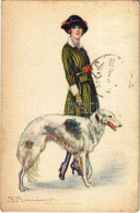 T2/T3 1922 Hölgy Agárral. Olasz Művészlap / Italian Lady Art Postcard With Sighthound Dog. G.A.M. 624-4. S: Bompard (EK) - Non Classificati