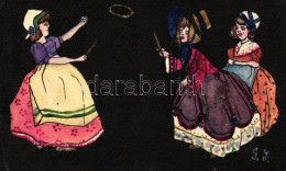 T2/T3 Playful Ladies; Hand-painted Art Postcard (slant Cut) - Non Classés