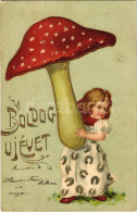 T2/T3 1906 Boldog újévet! Kislány Gombával - Dombornyomott / New Year Greeting, Girl With Mushroom - Embossed Litho (fl) - Unclassified