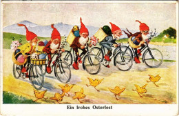 T2/T3 1930 Ein Frohes Osterfest / Boldog Húsvéti ünnepeket! Kerékpáros Törpök / Easter Greeting, Cycling Dwarves On Bicy - Ohne Zuordnung