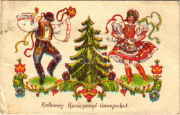 T3/T4 1950 Kellemes Karácsonyi ünnepeket! Magyar Néptánc / Christmas Greeting, Hungarian Folklore (gyűrődések / Creases) - Sin Clasificación