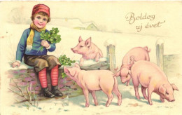 T2 New Year, Boy, Pigs, Clover, Amag 4054. Litho - Unclassified