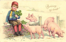 T2 New Year, Boy, Pigs, Clover, Amag 4054. Litho - Sin Clasificación