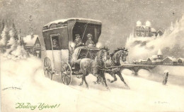 * T2 'Boldog Újévet!' / New Year, Horse Carriage With Winter Town In Background, P.T.L. Art De Vienne, Artist Signed - Sin Clasificación