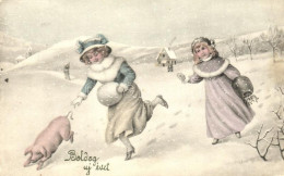 T3 'Boldog új évet' / New Year, Children Chasing Pig, V.K. Vienne No. 5357 (fa) - Non Classificati