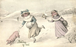T3 'Boldog új évet' / New Year, Children Chasing Pig, V.K. Vienne No. 5357 (fa) - Unclassified