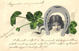 T2 Lady With Clover And Horseshoe, Greeting Card, Litho - Non Classés