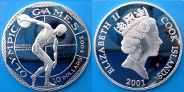 COOK ISLANDS 10 $ 2001 ARGENTO PROOF OLYMPIC GAMES 2004 DISCOBOLO PESO 20g TITOLO 0,925 CONSERVAZIONE FONDO SPECCHIO UNC - Cook