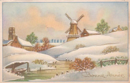 Bonne Année ..--1952--.illustrateur  ????  ...Paysage De Neige ,village, Moulin à Vent  Et Rivière ...timbre...cachet - Nouvel An