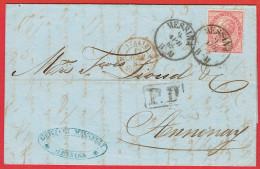 LAC De Messina (Italie) Pour Annonay (07) - 9/04/1865 - 40c YT19 + CAD 15 + Marque Entrée Italie Amb. Marseille B + PD - Entry Postmarks