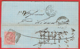 LAC De Firenze (Italie) Pour Annonay (07) - 26/02/1870 - 40c YT19 + CAD 15 + Marque Entrée Italie Amb. Lyon.Mars F + PD - Entry Postmarks