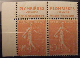 2 Timbres à Bande Publicitaire. Semeuse N° 199. 50 C. Pub Publicité Publicitaires Carnet. Plombières Neuf** - Otros & Sin Clasificación