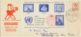 GB SPECIAL EVENT POSTMARKS 1959 STAMPEX CENTRAL HALL LONDON S.W.I. WITH RARE UNITED NATIONS IMPERFORATED MS, SOME FOXING - Cartas & Documentos