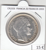 CR1926 MONEDA FRANCIA 20 FRANCOS 1933 PLATA - 20 Francs