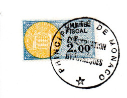 MONACO -- MONTE CARLO -- Timbre Fiscal 2 F.bleu, Jaune Et Noir Sur Document 2 Avril 1986 - Revenue
