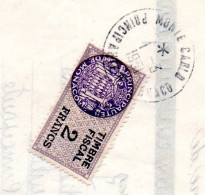 MONACO -- Timbres Fiscaux " Armoiries De Daussy "  2 Francs Violet-gris, Lilas Et Noir Sur Lettre De Change - Revenue