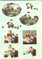 PLANCHE AVEC ENVIRONS 8(  Complet ) DECOUPIS   SCENES DE VIE ENFANTS (avec Legeres Paillettes Multicolores) - Infantes