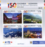 Lote 2022-17P, Colombia, 2022, Pliego, Sheet, Colombia-Alemania, Germany Relations, Snowy Mountain, Church, City Panoram - Colombie