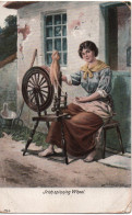 IRISH SPINNING WHEEL - ART POSTCARD BY JOHN CAREY WITH FAINT LETTERKENNY POSTMARK 1904 - Donegal