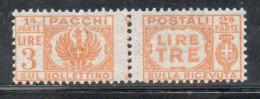 ITALIA REGNO ITALY KINGDOM 1946 LUOGOTENENZA PACCHI POSTALI SENZA FASCI PARCEL POST LIRE 3 MNH - Pacchi Postali