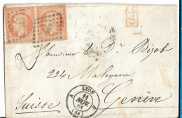 0016. LSC Affie PAIRE N°16 Orange - Càd Lyon (Bches Du Rhône) - Taxée à Dest. Genève (SUISSE) - Nov. 1861 - 1849-1876: Période Classique