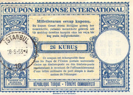 Coupon Réponse International Turquie Turkey Milletlerarasi Cevap Kuponu 26 Kurus Istanbul 1953 - Entiers Postaux