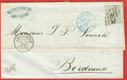 LAC Amsterdam (Pays-Bas) Pour Bordeaux (33) - 23/8/1877 - 12.5c YT22 CAD 15-17 Marque Entrée Pays-Bas 2 Erquelines 2 Amb - Marques D'entrées