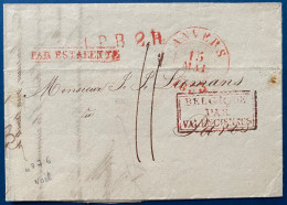 Lettre 1835 Dateur ANVERS Griffe Rouge " PAR ESTAFETTE "+ LPB2R + Entrée " BELGIQUE PAR VALENCIENNES " + Taxe Pour PARIS - 1830-1849 (Belgique Indépendante)