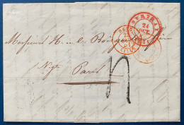 Lettre 1851 TOURNAI Pour PARIS Entrée Rouge " BELG./ LILLE " + RR Dateur En Rouge Au Recto ! " RETARD DU CONVOI/ PARIS " - Transit Offices