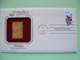 USA 1984 U.S. State Birds And Flowers - FDC Golden Replica - Michigan Robin Apple - Brieven En Documenten