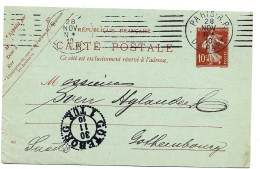 CP ENTIER  10c Semeuse  Oblit PARIS RP   DEPART 1910  Pour La SUEDE Arrivé   GOTERBORG - Standard- Und TSC-AK (vor 1995)