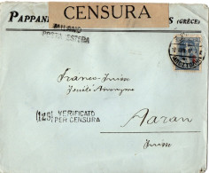 GRECE YT N°279. OBLITERE SEUL SUR LETTRE POUR LA SUISSE CENSURE ITALIENNE - Storia Postale