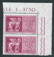 Italia 1958; Espressi Cavalli Alati Lire 75 , Coppia Con Angolo. Nuovi. - Posta Espressa/pneumatica