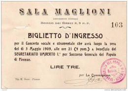 1909 BIGLIETTO D'INGRESSO CONCERTO FIRENZE - Tickets D'entrée