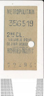 Ticket De Métro De Paris ( Métropolitain ) 2me Classe   ( Station ) RICHELIEU DROUOT C - Europe