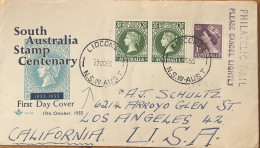 AUSTRALIA 1955, COVER ILLUSTRATE, SOUTH AUSTRALIA 100 YEAR, VIGNETTE PORTRAIT LABEL, 3 STAMP, QUEEN, LIDCOME CITY CANCE - Brieven En Documenten