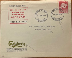 DENMARK 1959, RED-CROSS FDC COVER, PRIVATE PRINT, LIMITED ISSUE, ADVERTISING CARLSBERG BREWERY, BATTLE OF SOLFERINO 100 - Cartas & Documentos