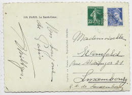 MERCURE 10C +35C SEMEUSE CARTE 5 MOTS PARIS 1938 POUR LUXEMBOURG AU TARIF - 1938-42 Mercure