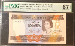 SOLOMON ISLANDS 20 Dollars 1981 Pick#8  A/1 Prefix 000370 PMG 67 EPQ Superb Gem UNC QEII Note LOTTO 3898 - Other - Africa