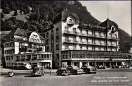 ! Ansichtskarte Autos Cars, VW Käfer, Brezelkäfer, Flüelen, Hotel Urnerhof, Schweiz - PKW