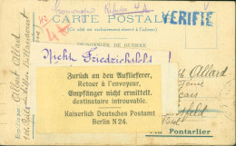 Guerre 14 Carte FM Cachet Vérifié Pour Camp Friedrichsfeld Papillon Retour Envoyeur Destinataire Introuvable Berlin N24 - Guerre De 1914-18