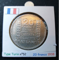 France 1938 20 Francs Type Turin (réf Gadoury N°852) En Argent Belle Patine - 20 Francs