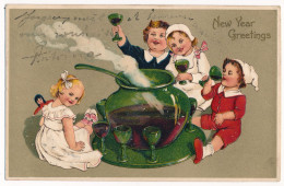 CPA Illustrateur Carte Relief Gaufrée Bonne Année New Year Enfants Buvant Du Vin Chaud - 1900-1949