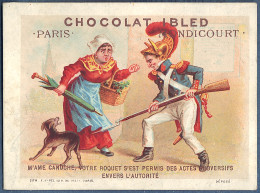 Chromo Chocolat Ibled Litho Appel M'ame Canuche Roquet Chien Uniforme Militaire Autorité Baionnette Fusil - Ibled