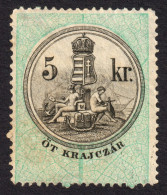 1868 1873 Hungary Croatia Slovakia Vojvodina Serbia Romania Transylvania K.u.k Kuk - Revenue Tax Stamp - USED - 5 Kr. - Fiscaux