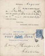 NEW ZEALAND 1892 POSTCARD SENT FROM WELLINGTON TO MASTERTON - Covers & Documents