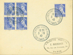 Guerre 40 CAD Bolchévisme Contre Europe Paris 3 6 42 Bloc De 4 YT N° 407 Mercure + 1 Trinité Hôtel Paris - Oorlog 1939-45